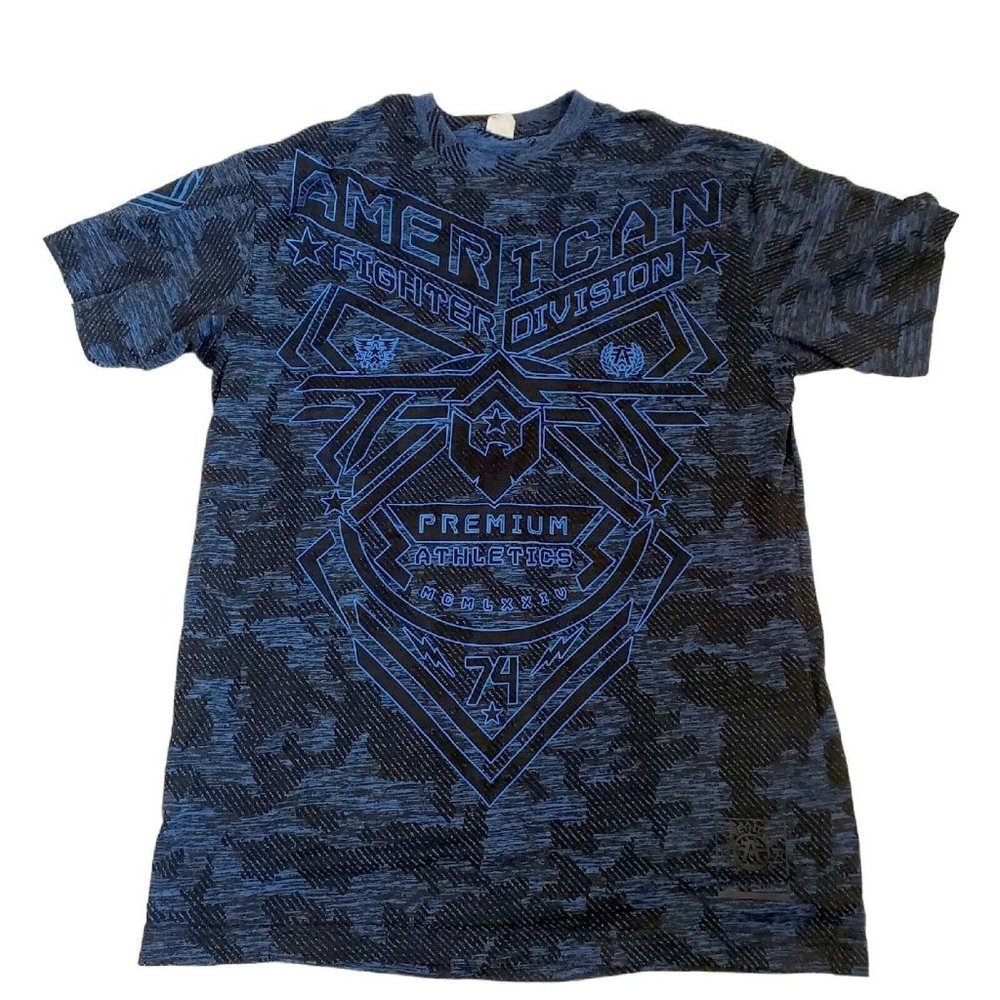 VTG 90s American Fighter Blue Black Training T Shirt Fitted Semi-sheer UFC MMA